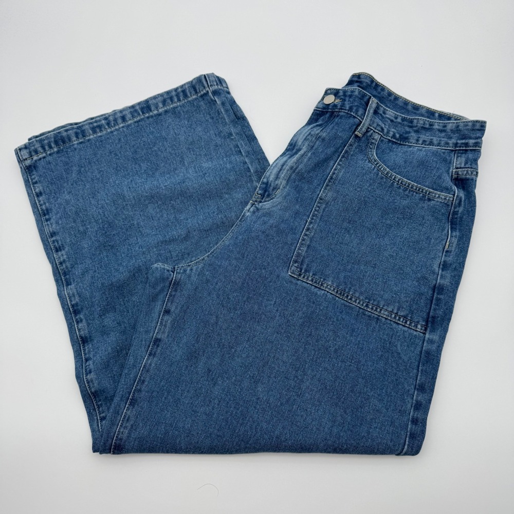 Cider Happy Hour Wide Leg Cargo Jeans Medium Wash Blue Denim Utility Pants 1XL